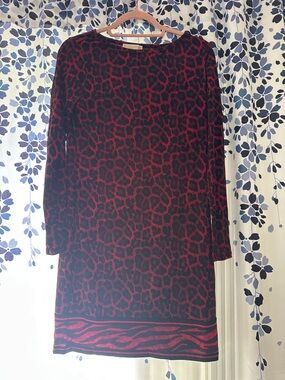 MICHAEL Michael Kors Red and Black Long-Sleeve Animal-Print Shift Dress